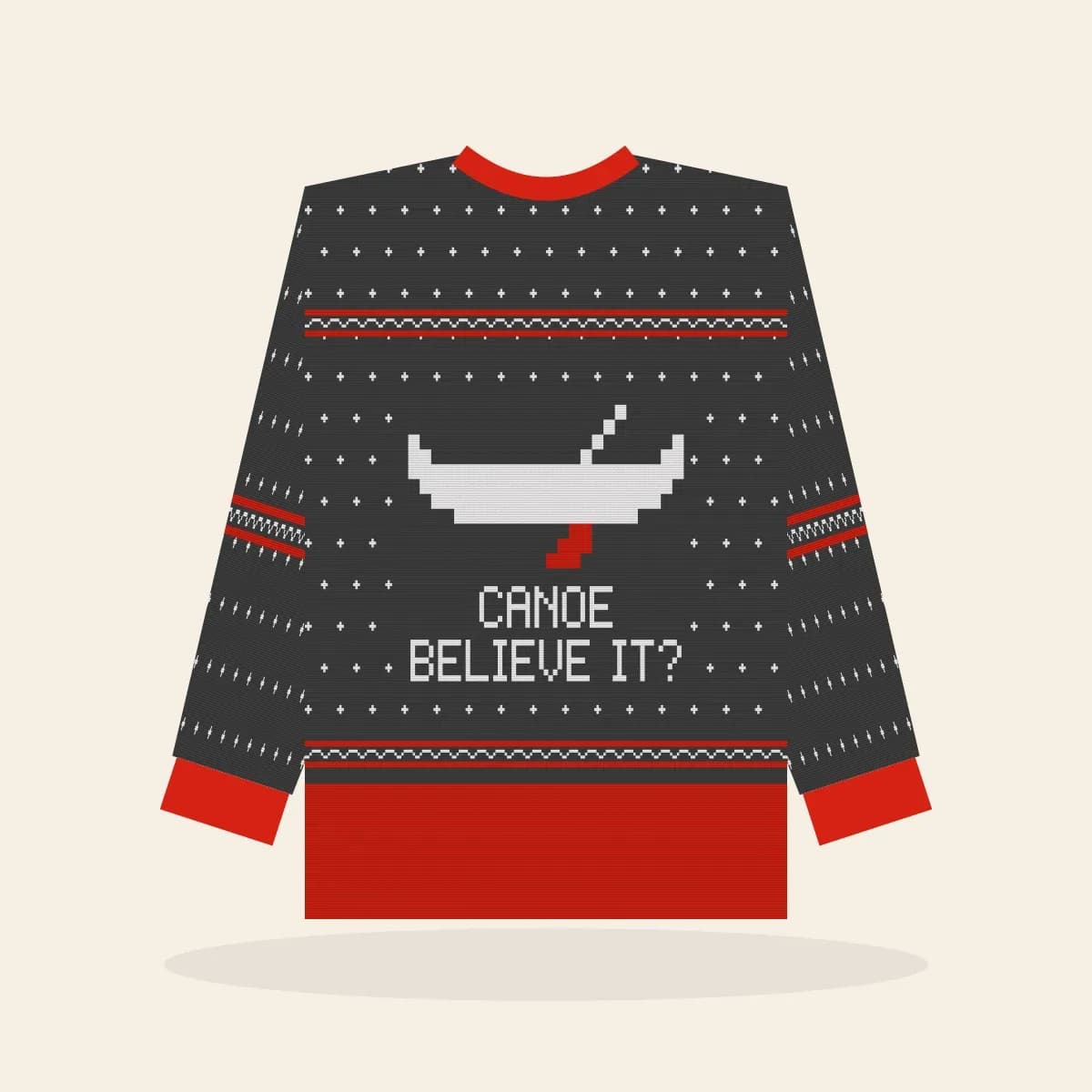 Canoe Believe It’s Christmas All-Over Print Sweatshirt (Cabin Charcoal): Canoe Believe It’s Christmas ugly Christmas print in charcoal with white and red