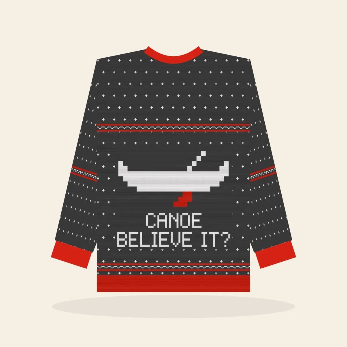 Canoe Believe It’s Christmas Knitted Sweater (Cabin Charcoal): Canoe Believe It’s Christmas ugly Christmas knit in charcoal with white and red