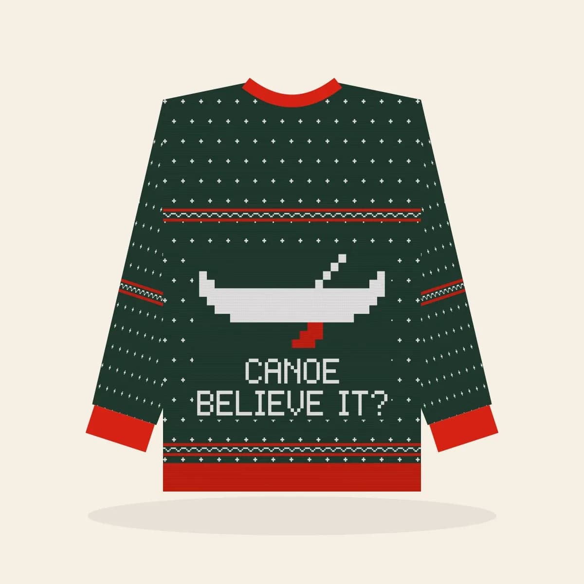 Canoe Believe It’s Christmas Knitted Sweater (Evergreen): Canoe Believe It’s Christmas ugly Christmas knit in pine green with white and red