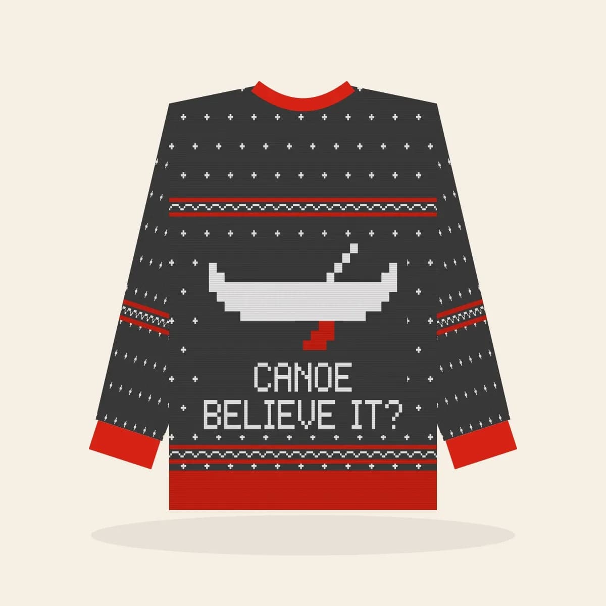 Canoe Believe It’s Christmas Relaxed Knitted Sweater (Cabin Charcoal): Canoe Believe It’s Christmas ugly Christmas knit in charcoal with white and red