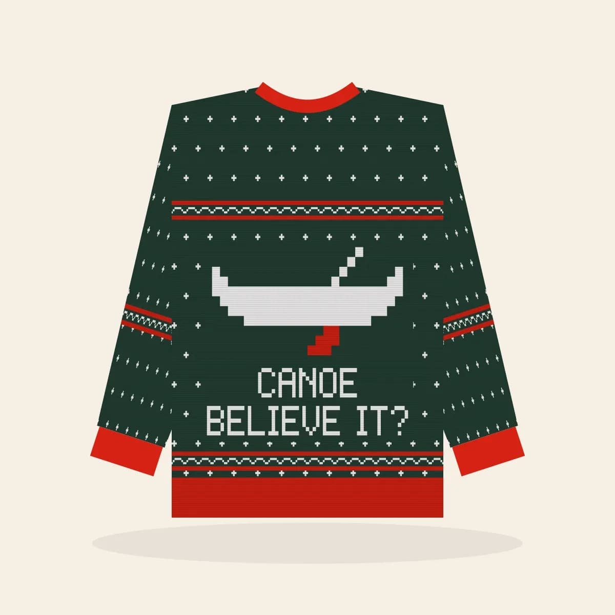 Canoe Believe It’s Christmas Relaxed Knitted Sweater (Evergreen): Canoe Believe It’s Christmas ugly Christmas knit in pine green with white and red