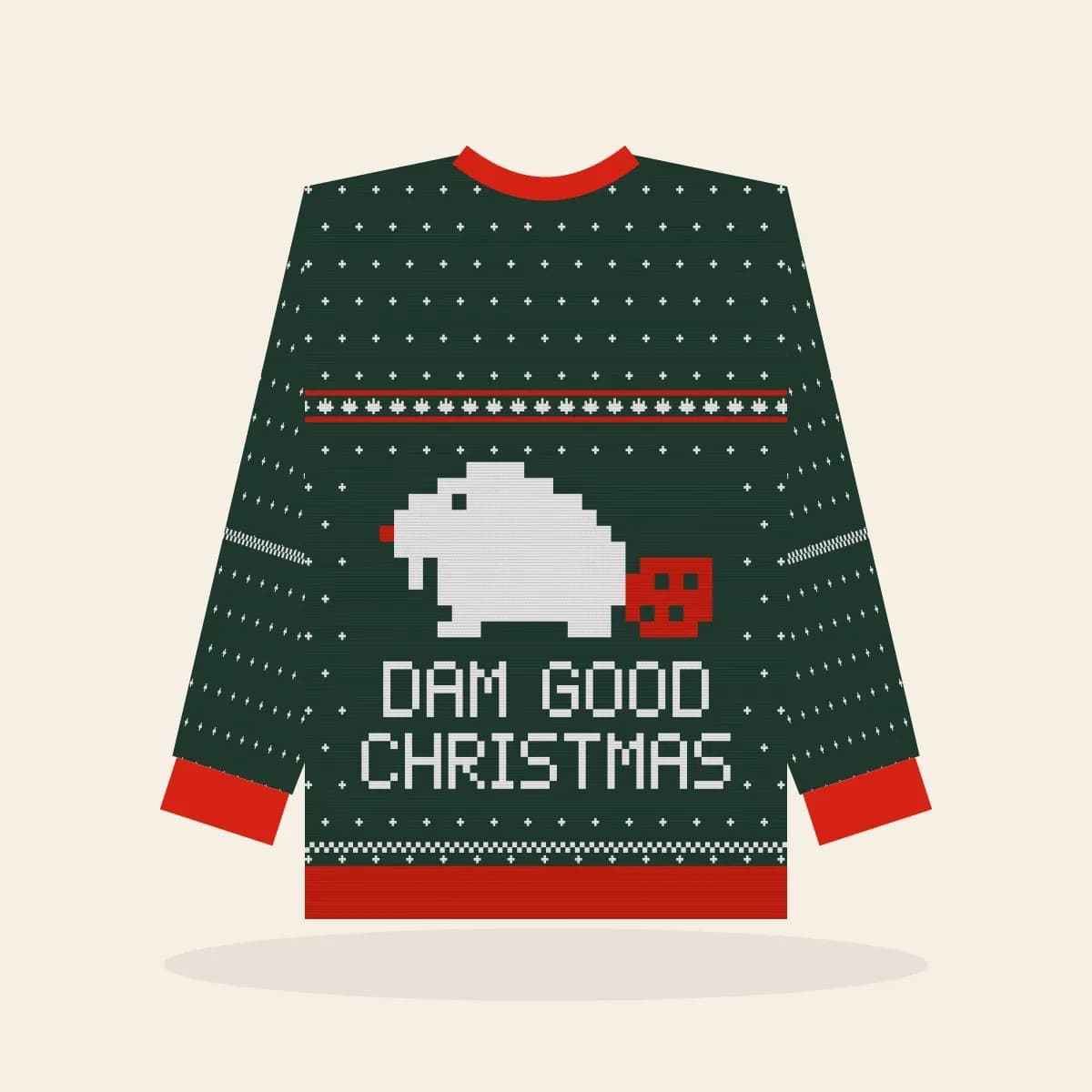 Dam Good Christmas Knitted Sweater (Evergreen): Dam Good Christmas ugly Christmas knit in pine green with white and red