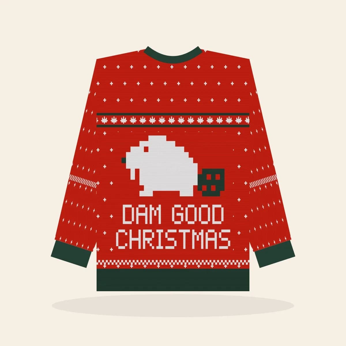 Dam Good Christmas Relaxed Knitted Sweater (Classic Red): Dam Good Christmas ugly Christmas knit in red with white and pine green