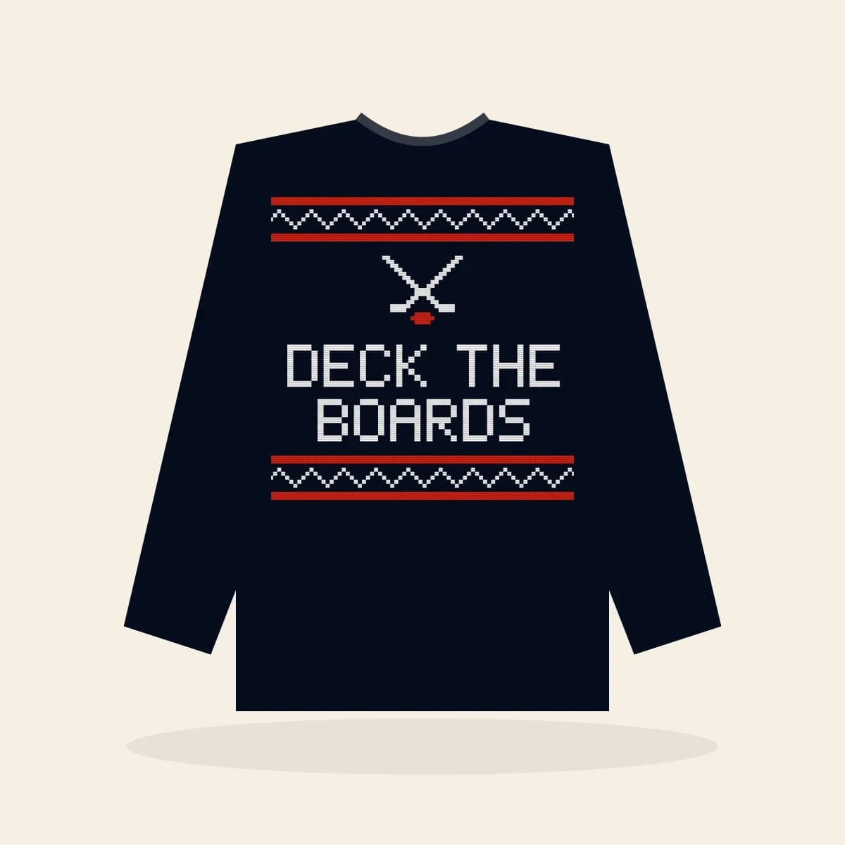 Deck the Boards Printed Sweatshirt (Midnight Navy): Deck the Boards ugly Christmas print in navy with white and red