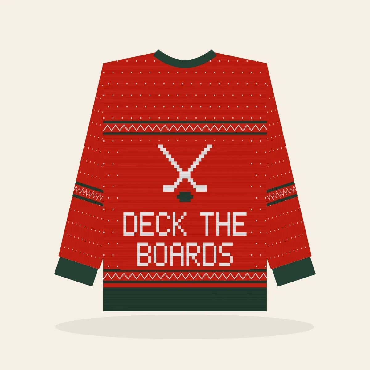 Deck the Boards Relaxed Knitted Sweater (Classic Red): Deck the Boards ugly Christmas knit in red with white and pine green