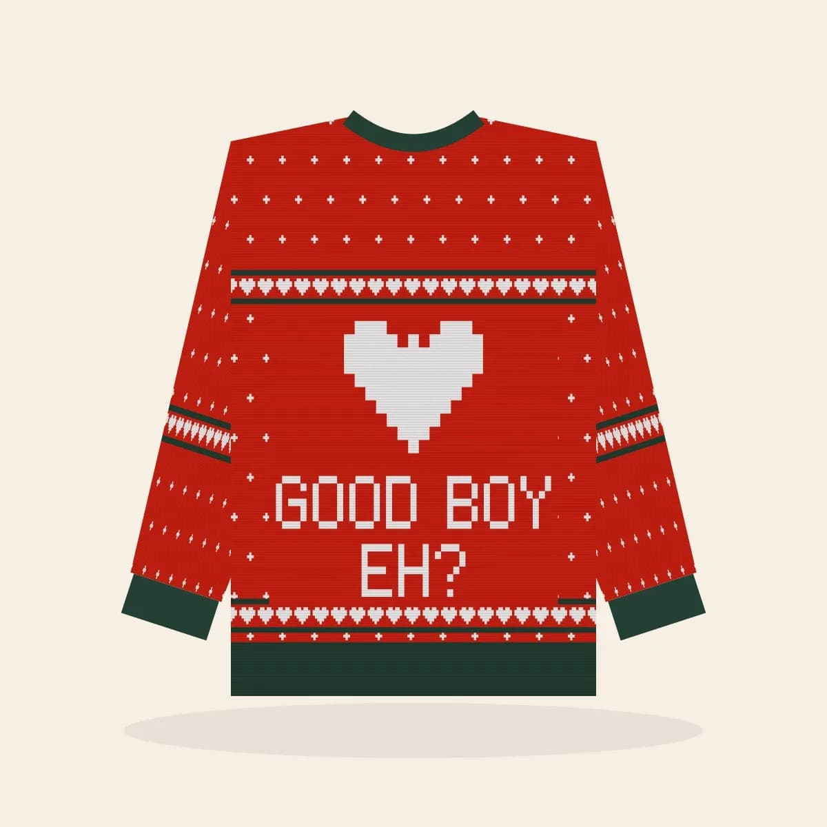 Good Boy, Eh Relaxed Knitted Sweater (Classic Red): Good Boy, Eh ugly Christmas knit in red with white and pine green