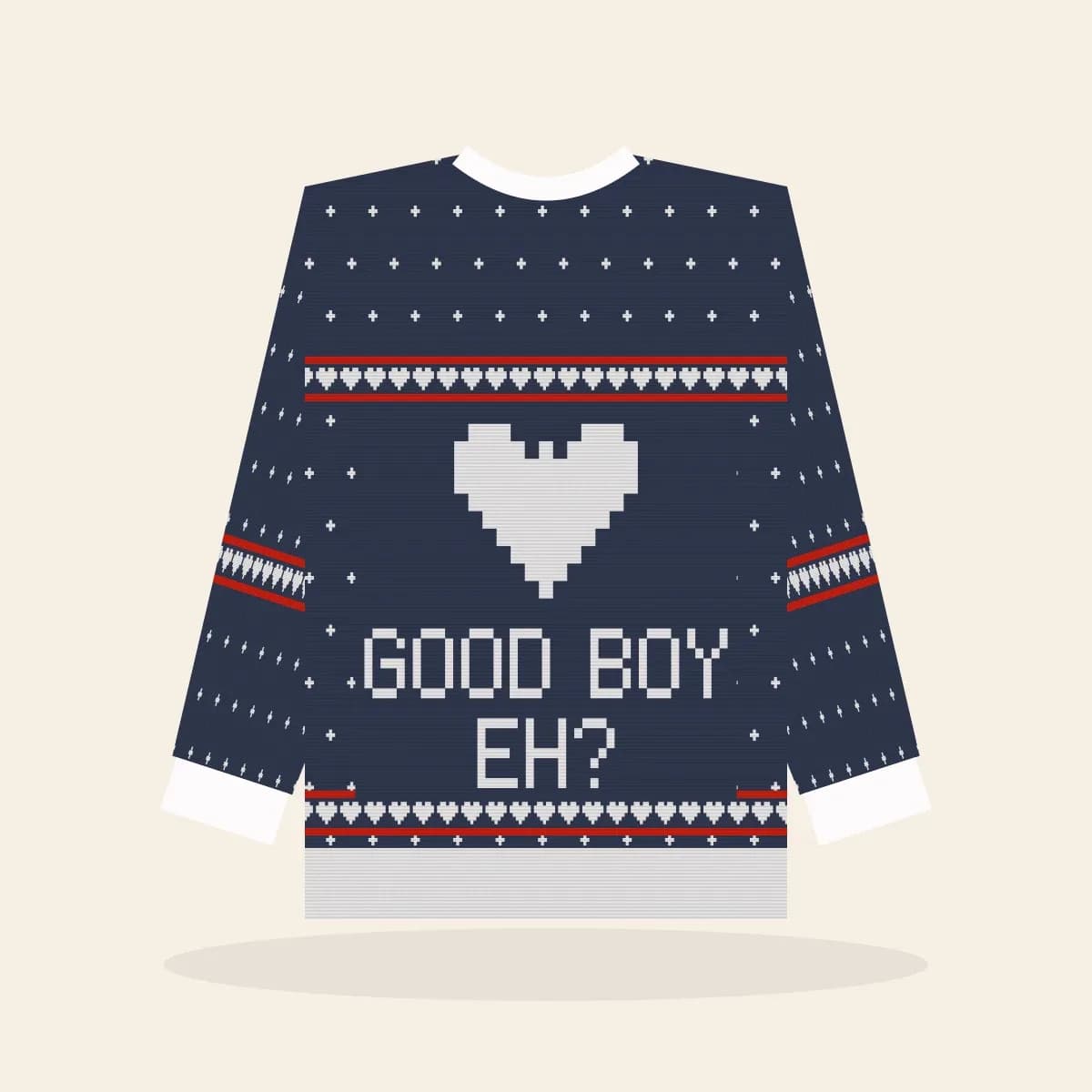 Good Boy, Eh Relaxed Knitted Sweater (Midnight Navy): Good Boy, Eh ugly Christmas knit in navy with white and red
