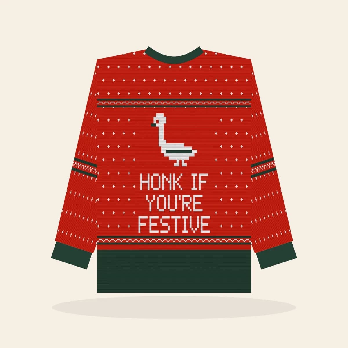 Honk If You’re Festive All-Over Print Sweatshirt (Classic Red): Honk If You’re Festive ugly Christmas print in red with white and pine green