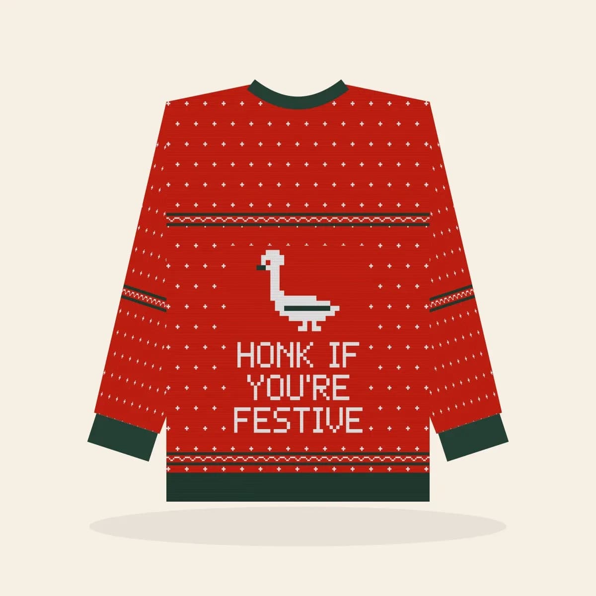 Honk If You’re Festive Knitted Sweater (Classic Red): Honk If You’re Festive ugly Christmas knit in red with white and pine green