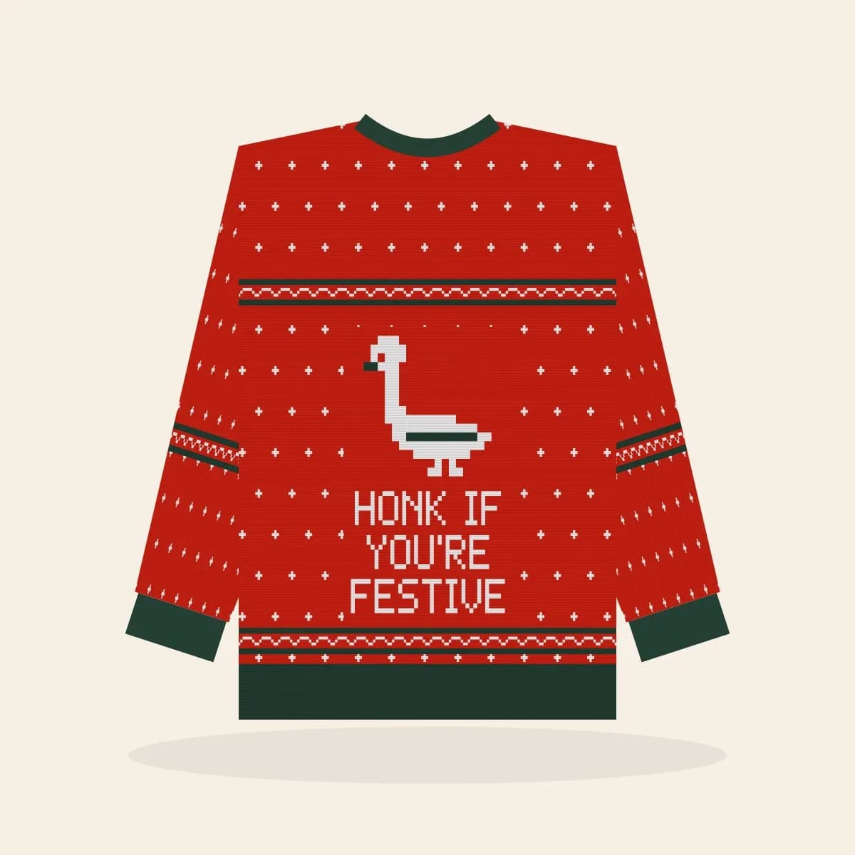 Honk If You’re Festive Relaxed Knitted Sweater (Classic Red): Honk If You’re Festive ugly Christmas knit in red with white and pine green