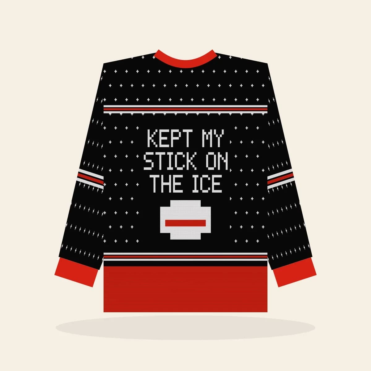 Kept my Stick on the Ice All-Over Print Sweatshirt (Lumberjack): Kept My Stick on the Ice ugly Christmas print in black with white and red