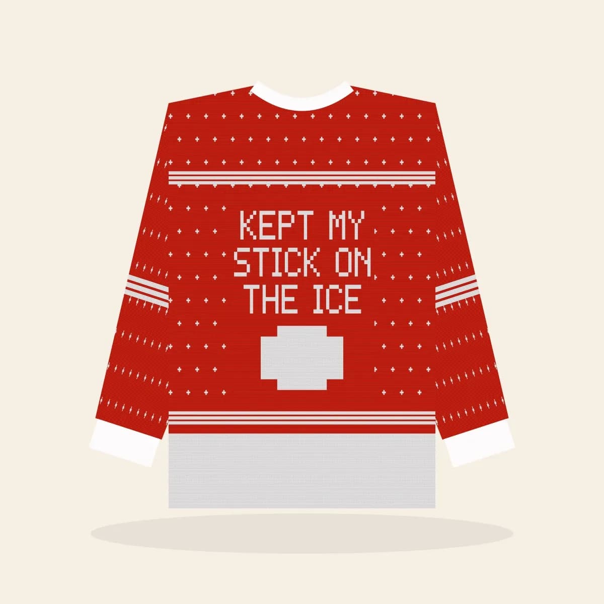 Kept my Stick on the Ice All-Over Print Sweatshirt (True North): Kept My Stick on the Ice ugly Christmas print in red and white
