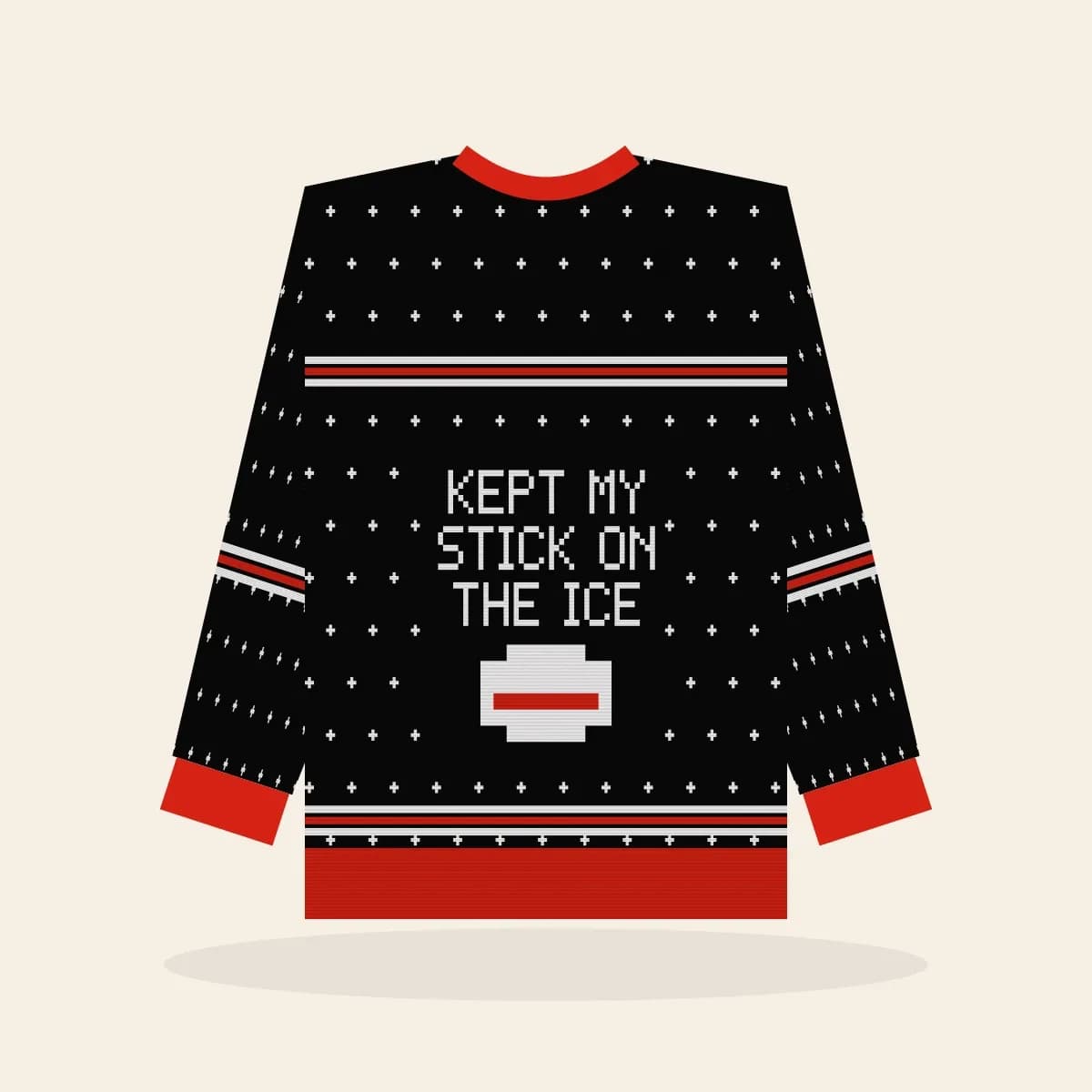Kept my Stick on the Ice Relaxed Knitted Sweater (Lumberjack): Kept My Stick on the Ice ugly Christmas knit in black with white and red