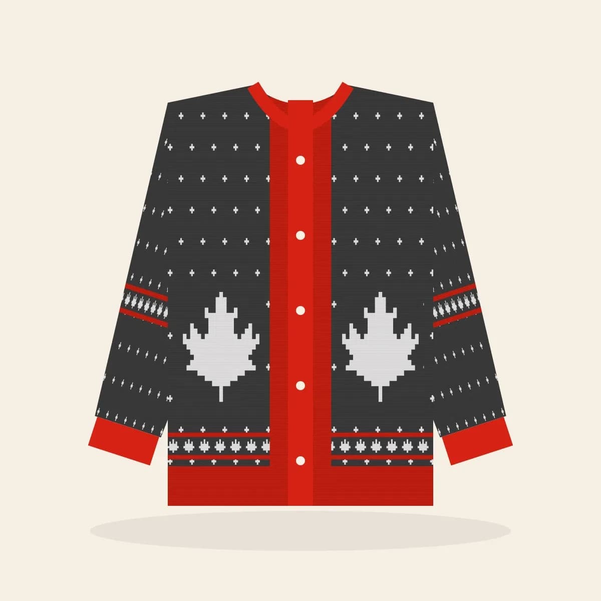 Maple Leaf Fair Isle Knitted Cardigan (Cabin Charcoal): Maple Leaf Fair Isle ugly Christmas knit in charcoal with white and red