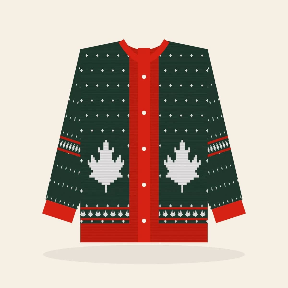 Maple Leaf Fair Isle Knitted Cardigan (Evergreen): Maple Leaf Fair Isle ugly Christmas knit in pine green with white and red