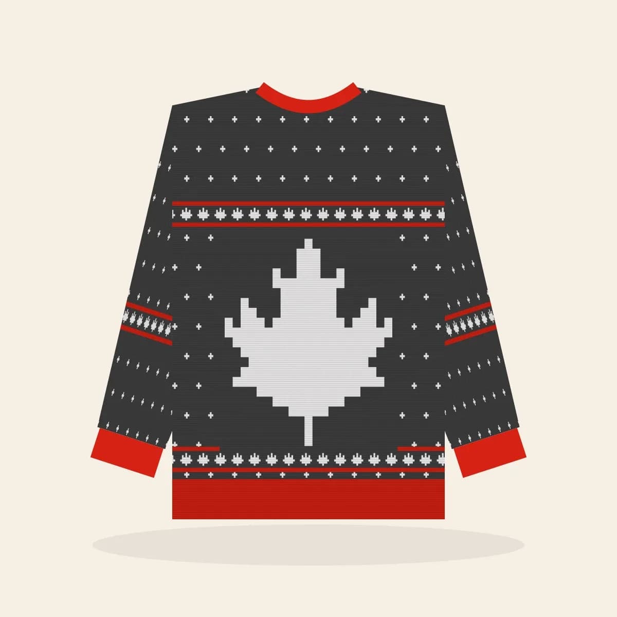Maple Leaf Fair Isle Relaxed Knitted Sweater (Cabin Charcoal): Maple Leaf Fair Isle ugly Christmas knit in charcoal with white and red