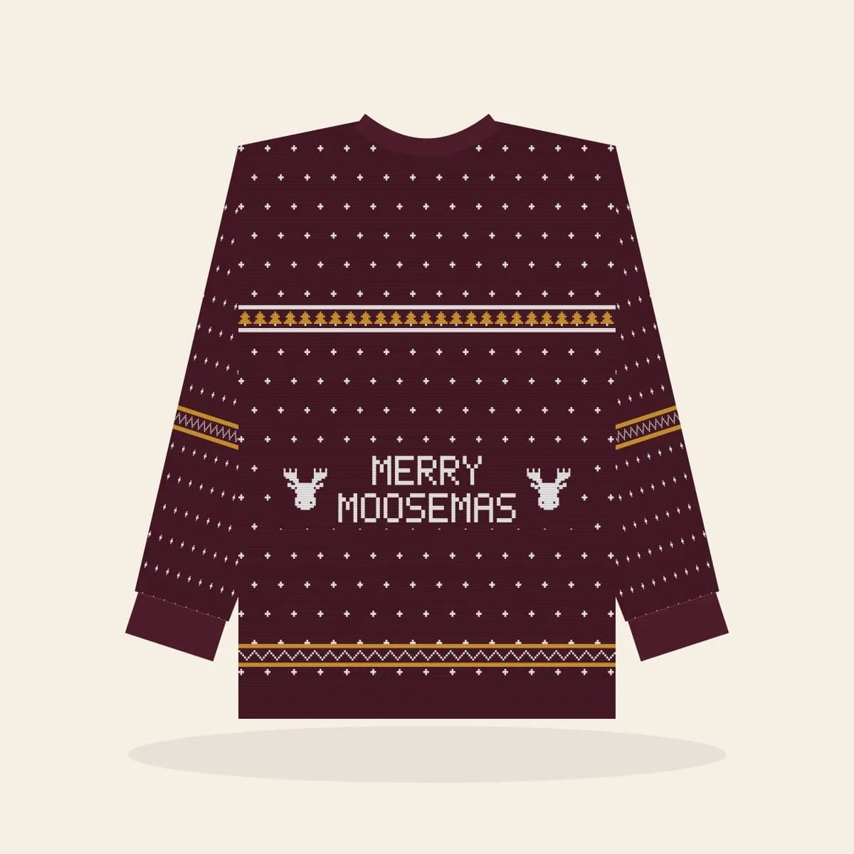 Merry Moosemas Knitted Sweater (Cranberry & Gold): Merry Moosemas ugly Christmas knit in cranberry with white and gold