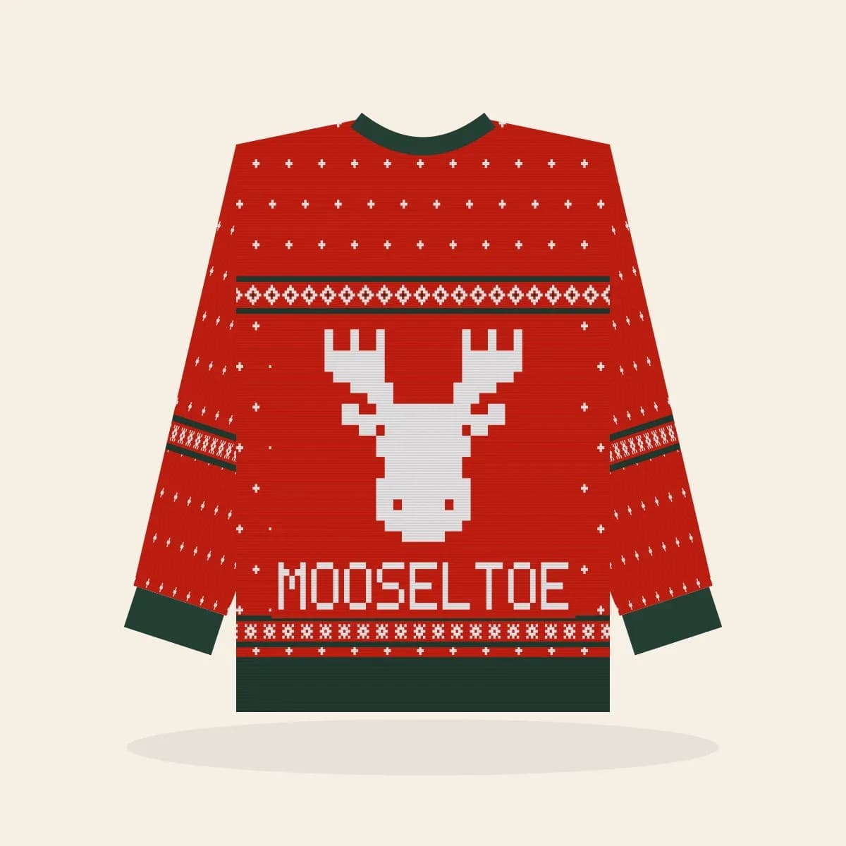 Mooseltoe Relaxed Knitted Sweater (Classic Red): Mooseltoe ugly Christmas knit in red with white and pine green