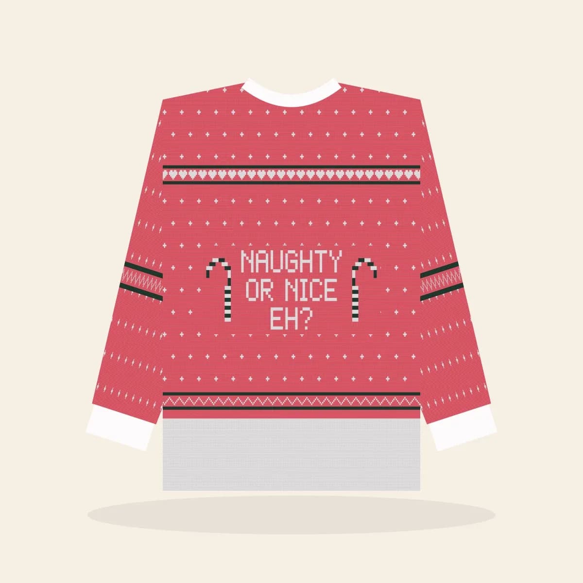 Naughty Or Nice, eh? All-Over Print Sweatshirt (Candy Pink): Naughty or Nice, Eh? ugly Christmas print in hot pink with white and green
