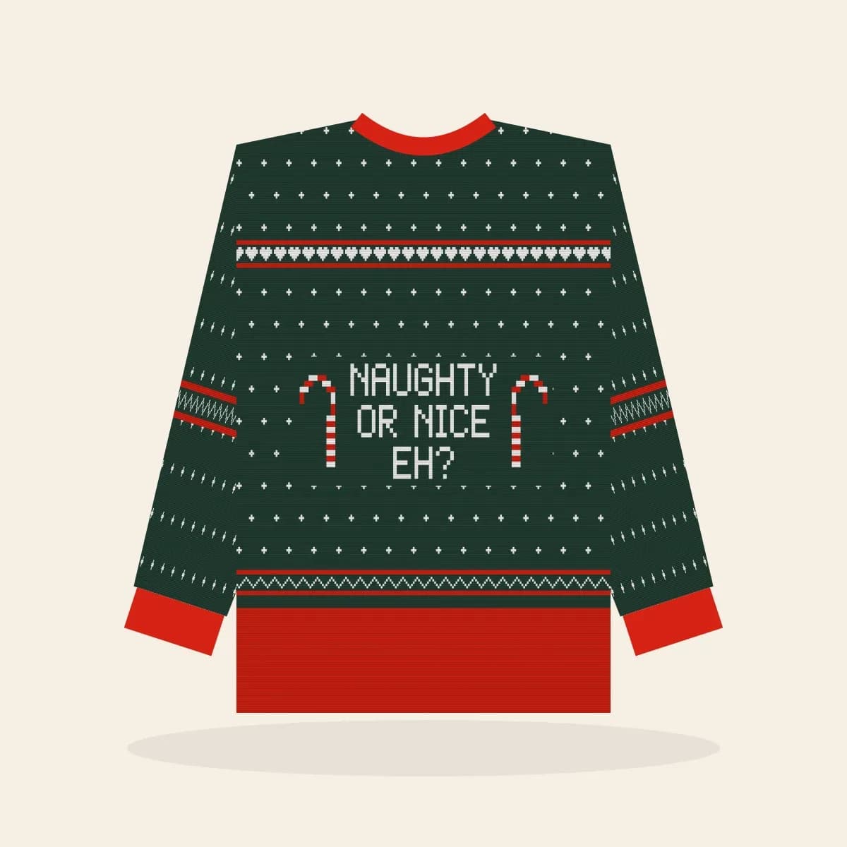 Naughty Or Nice, eh? All-Over Print Sweatshirt (Evergreen): Naughty or Nice, Eh? ugly Christmas print in pine green with white and red
