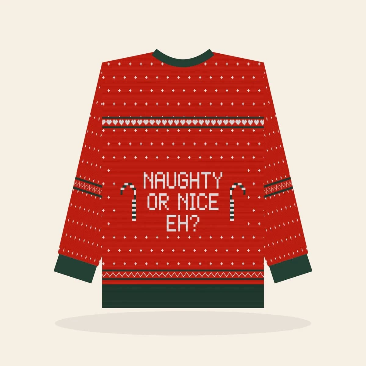 Naughty Or Nice, eh? Kids Knitted Sweater (Classic Red): Naughty or Nice, Eh? ugly Christmas knit in red with white and pine green