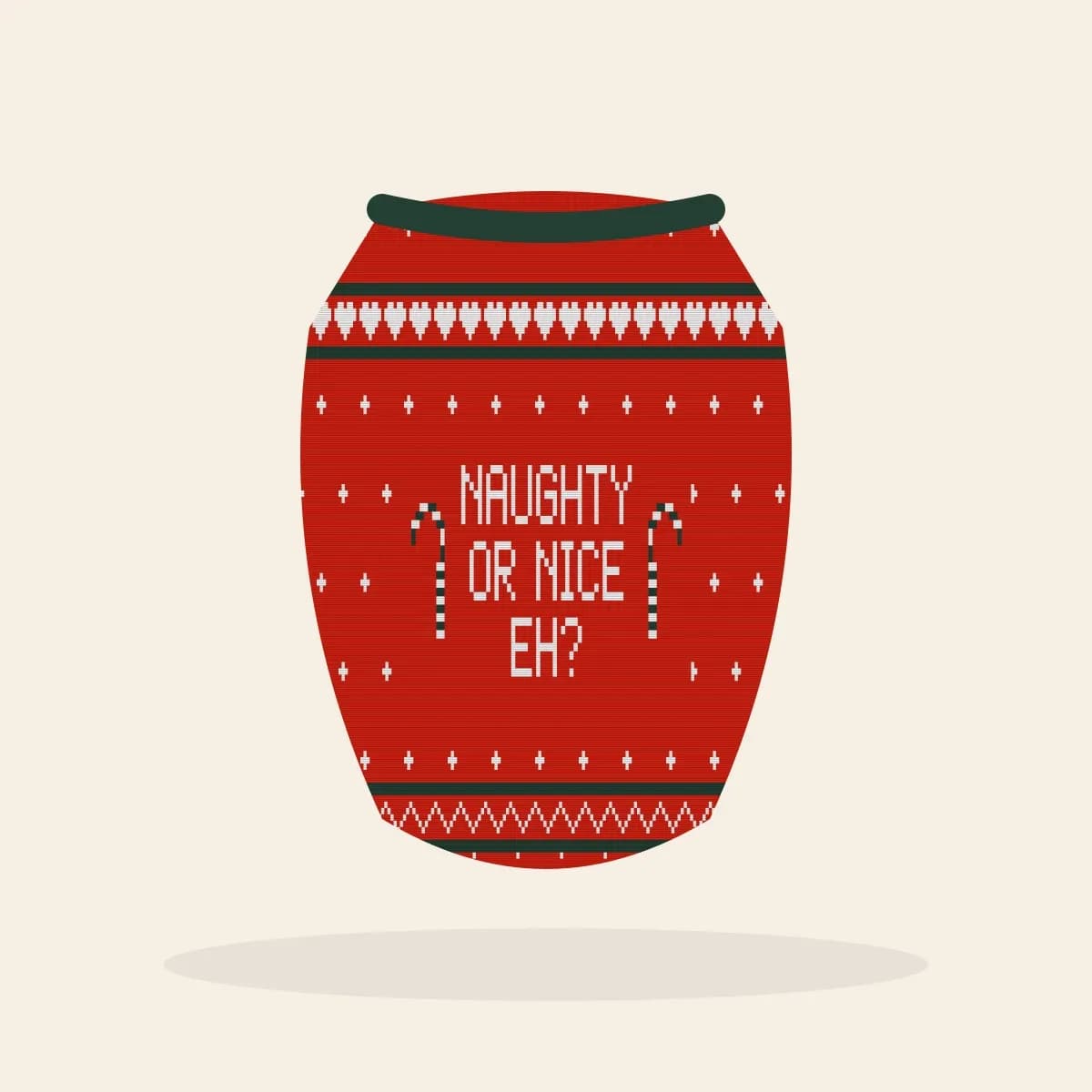 Naughty Or Nice, eh? Knitted Dog Sweater (Classic Red): Naughty or Nice, Eh? ugly Christmas knit in red with white and pine green