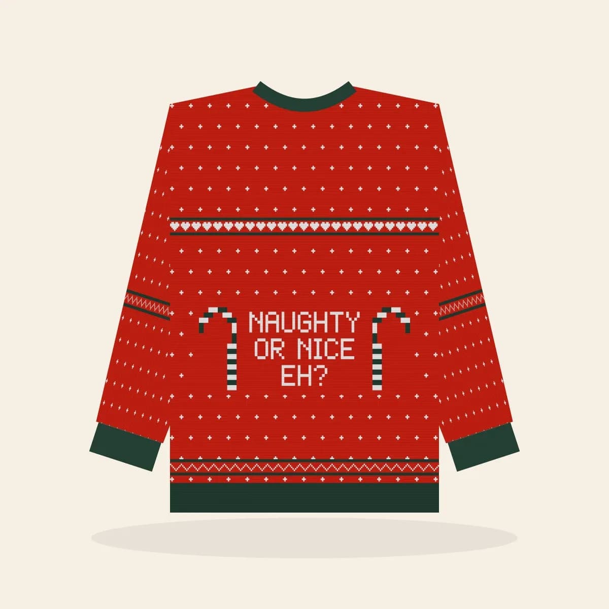 Naughty Or Nice, eh? Knitted Sweater (Classic Red): Naughty or Nice, Eh? ugly Christmas knit in red with white and pine green