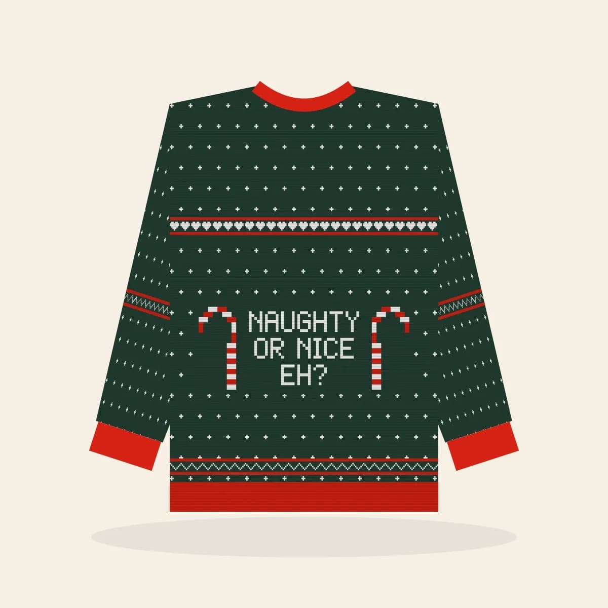 Naughty Or Nice, eh? Knitted Sweater (Evergreen): Naughty or Nice, Eh? ugly Christmas knit in pine green with white and red