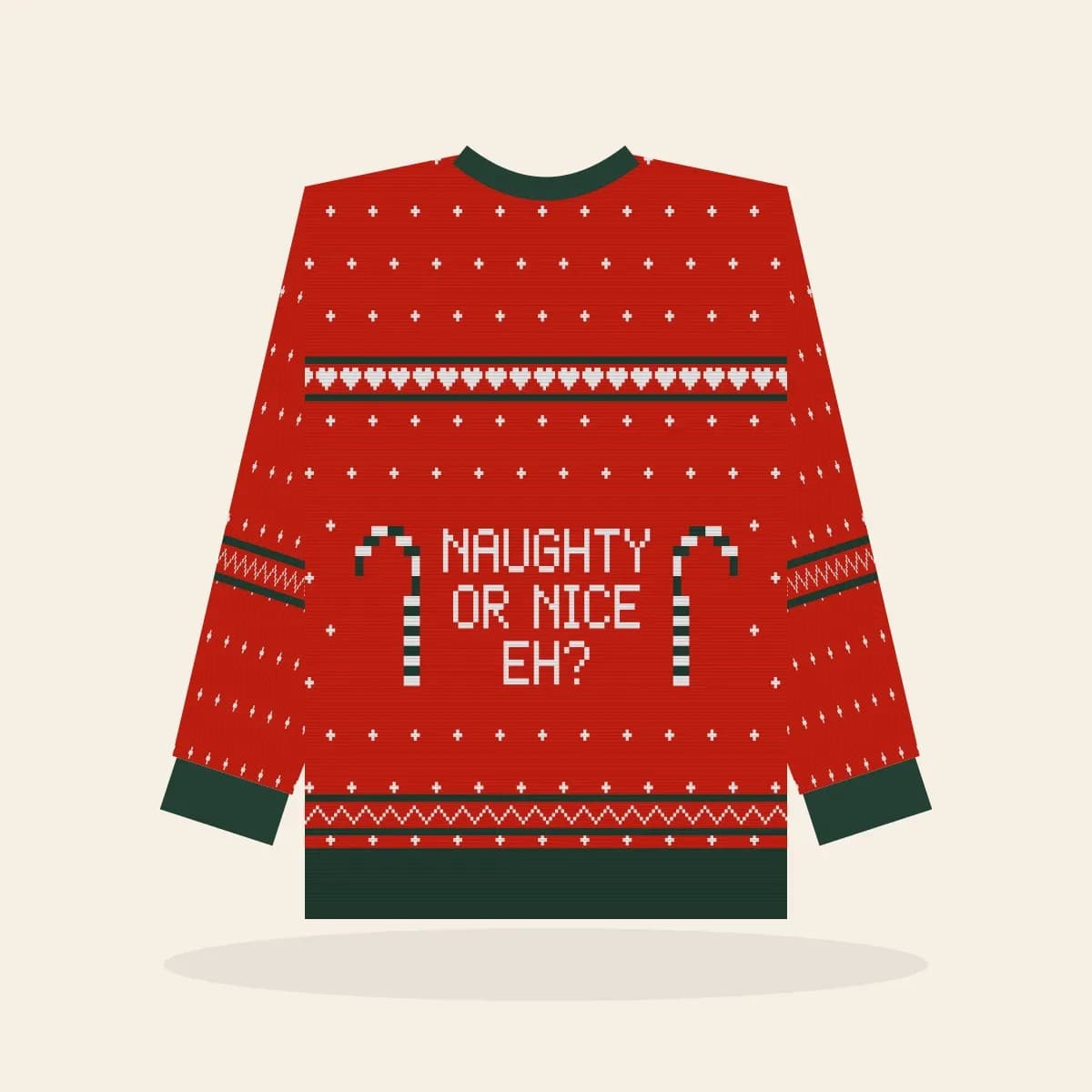 Naughty Or Nice, eh? Relaxed Knitted Sweater (Classic Red): Naughty or Nice, Eh? ugly Christmas knit in red with white and pine green