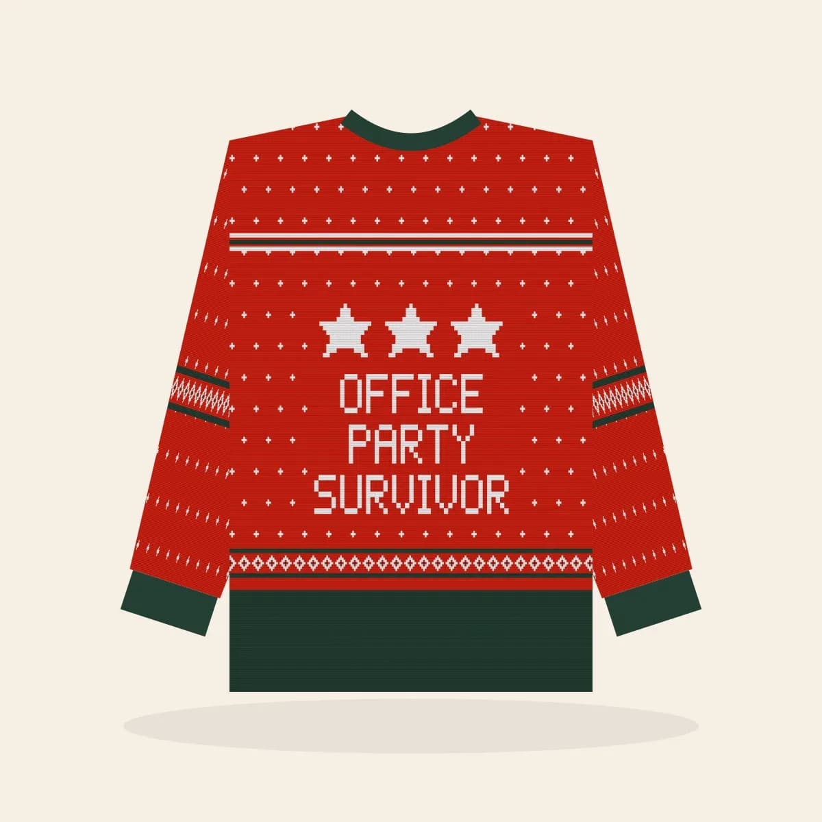 Office Party Survivor All-Over Print Sweatshirt (Classic Red): Office Party Survivor ugly Christmas print in red with white and pine green