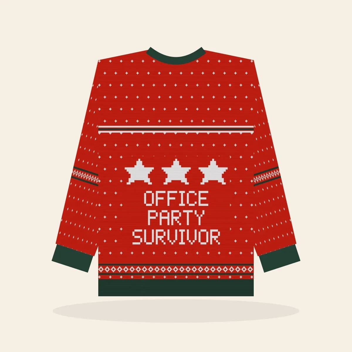 Office Party Survivor Knitted Sweater (Classic Red): Office Party Survivor ugly Christmas knit in red with white and pine green