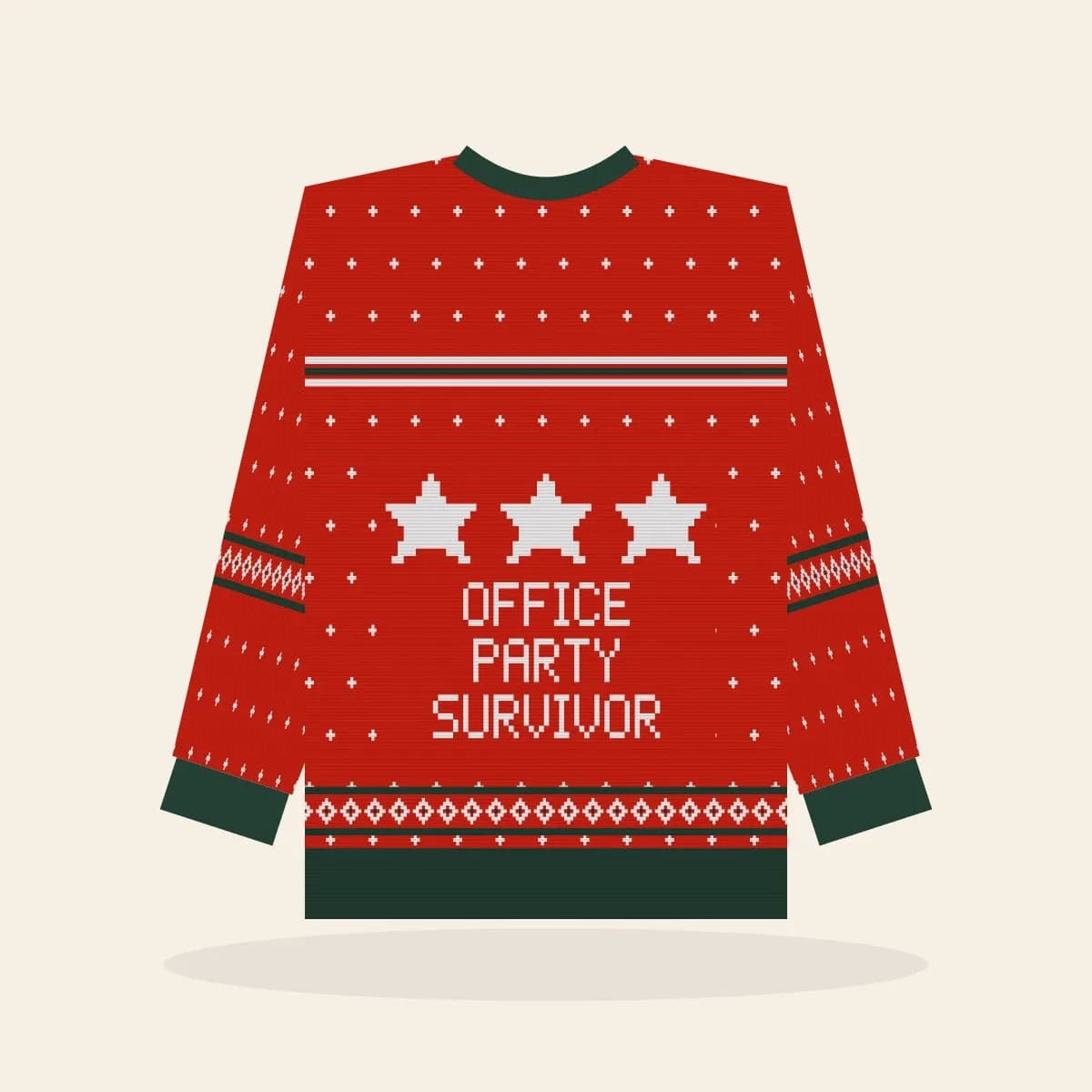 Office Party Survivor Relaxed Knitted Sweater (Classic Red): Office Party Survivor ugly Christmas knit in red with white and pine green