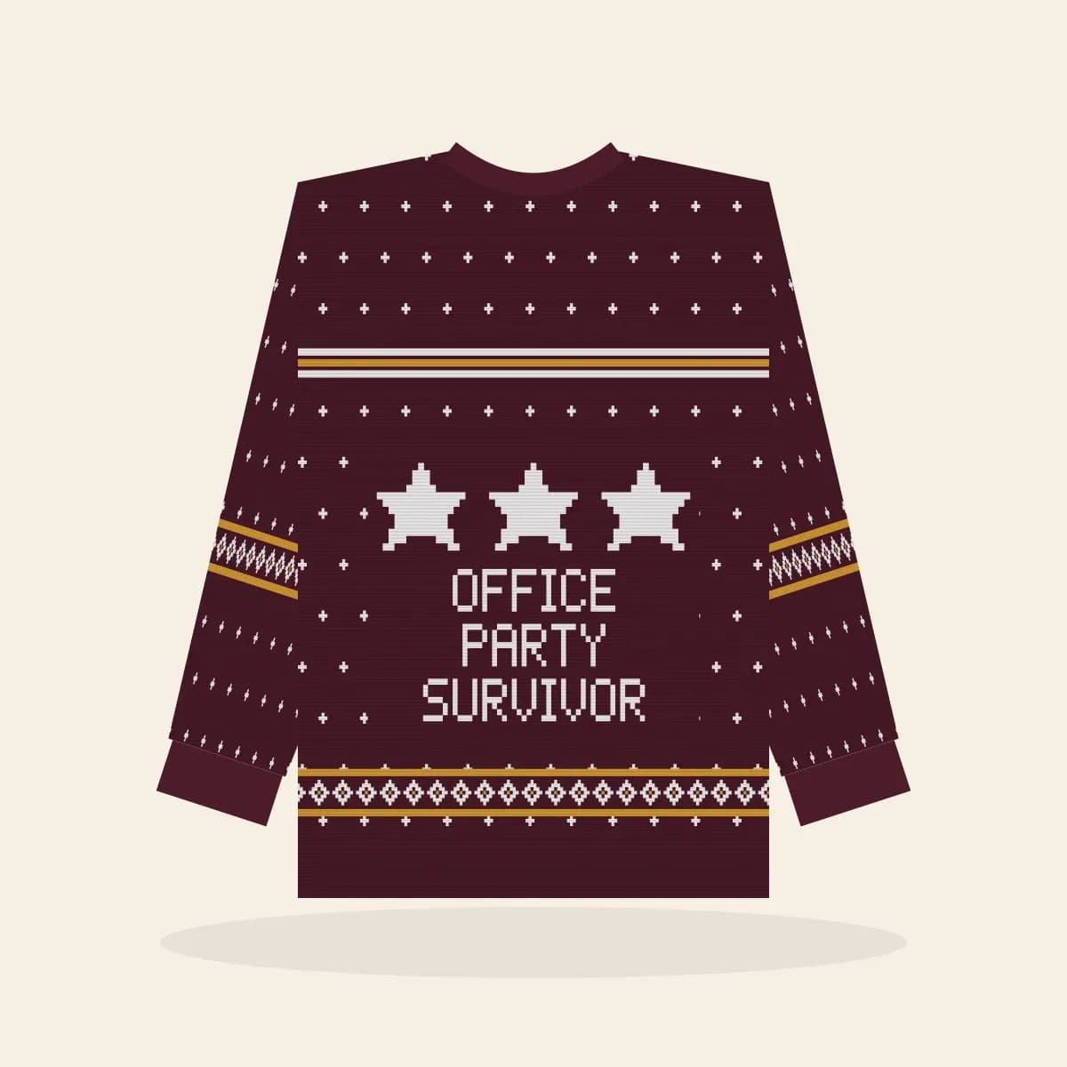 Office Party Survivor Relaxed Knitted Sweater (Cranberry & Gold): Office Party Survivor ugly Christmas knit in cranberry with white and gold