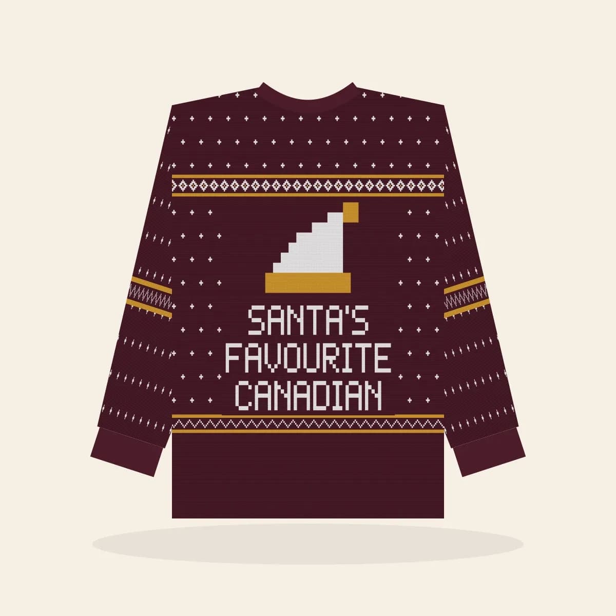 Santa’s Favourite Canadian All-Over Print Sweatshirt (Cranberry & Gold): Santa’s Favourite Canadian ugly Christmas print in cranberry with white and gold