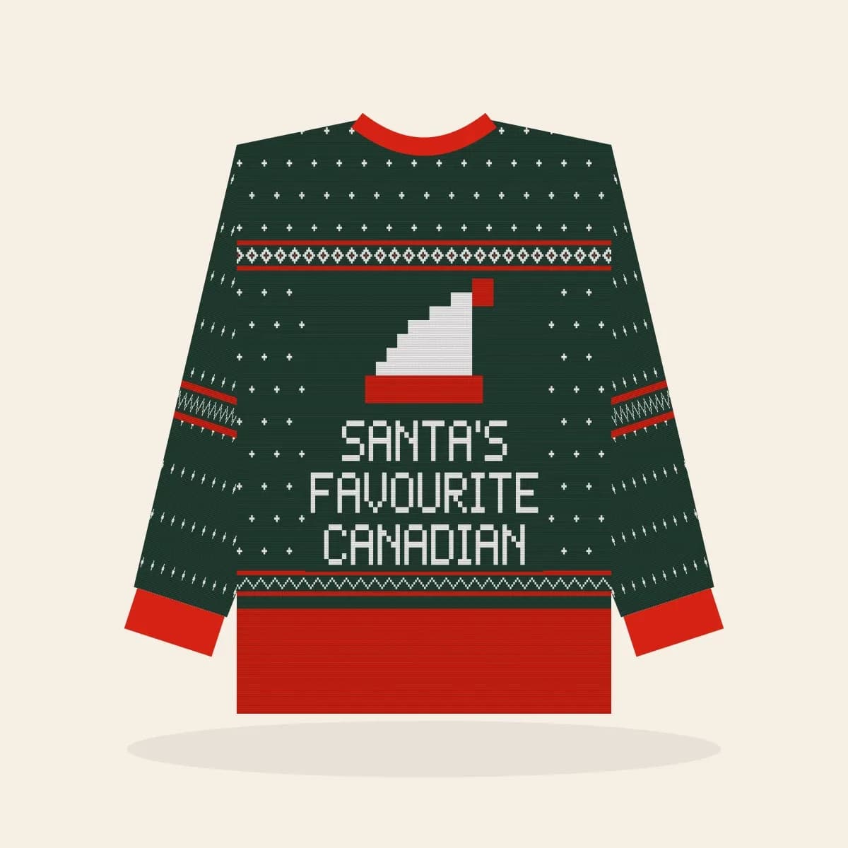 Santa’s Favourite Canadian All-Over Print Sweatshirt (Evergreen): Santa’s Favourite Canadian ugly Christmas print in pine green with white and red