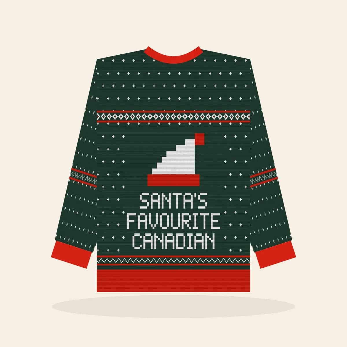 Santa’s Favourite Canadian Kids Knitted Sweater (Evergreen): Santa’s Favourite Canadian ugly Christmas knit in pine green with white and red