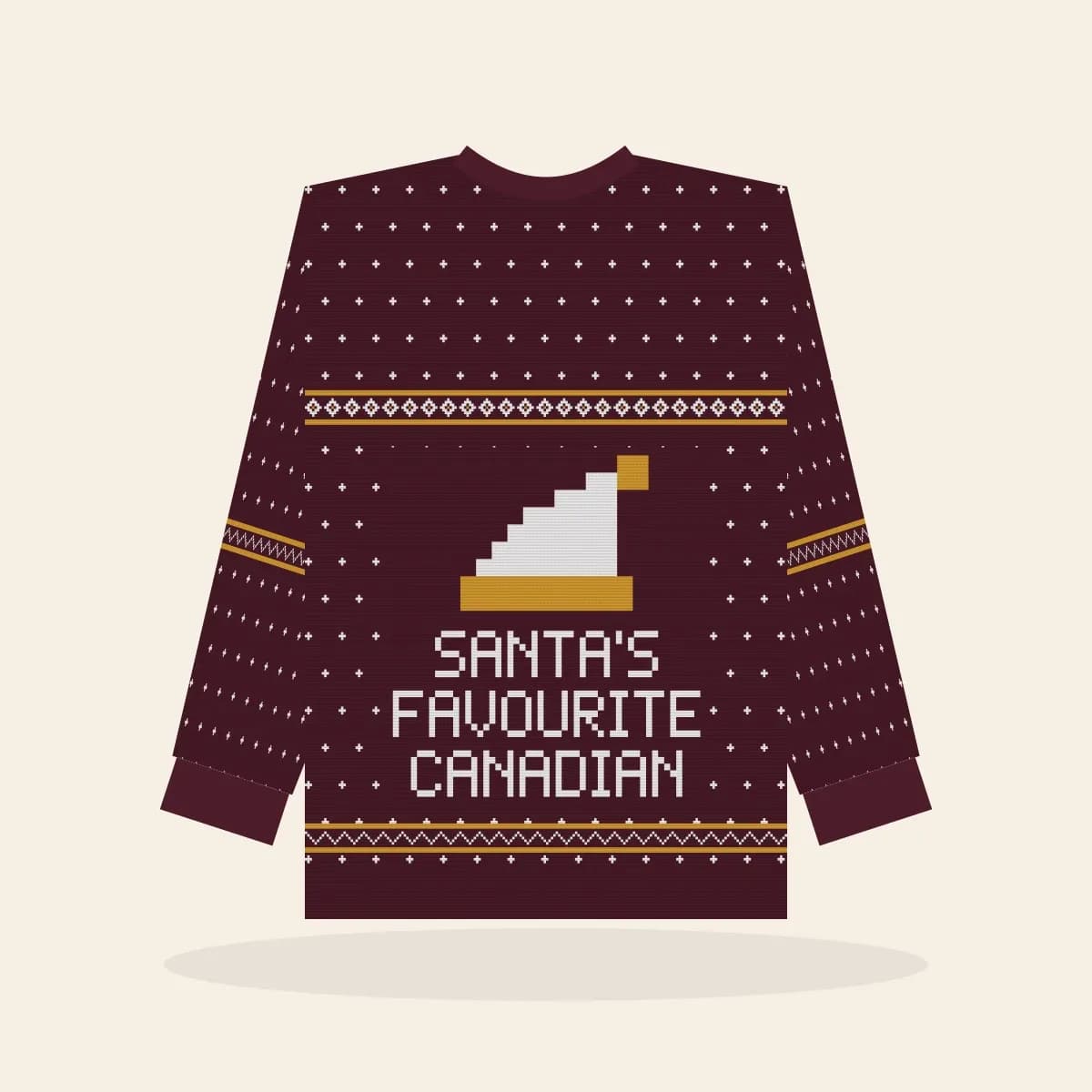 Santa’s Favourite Canadian Knitted Sweater (Cranberry & Gold): Santa’s Favourite Canadian ugly Christmas knit in cranberry with white and gold