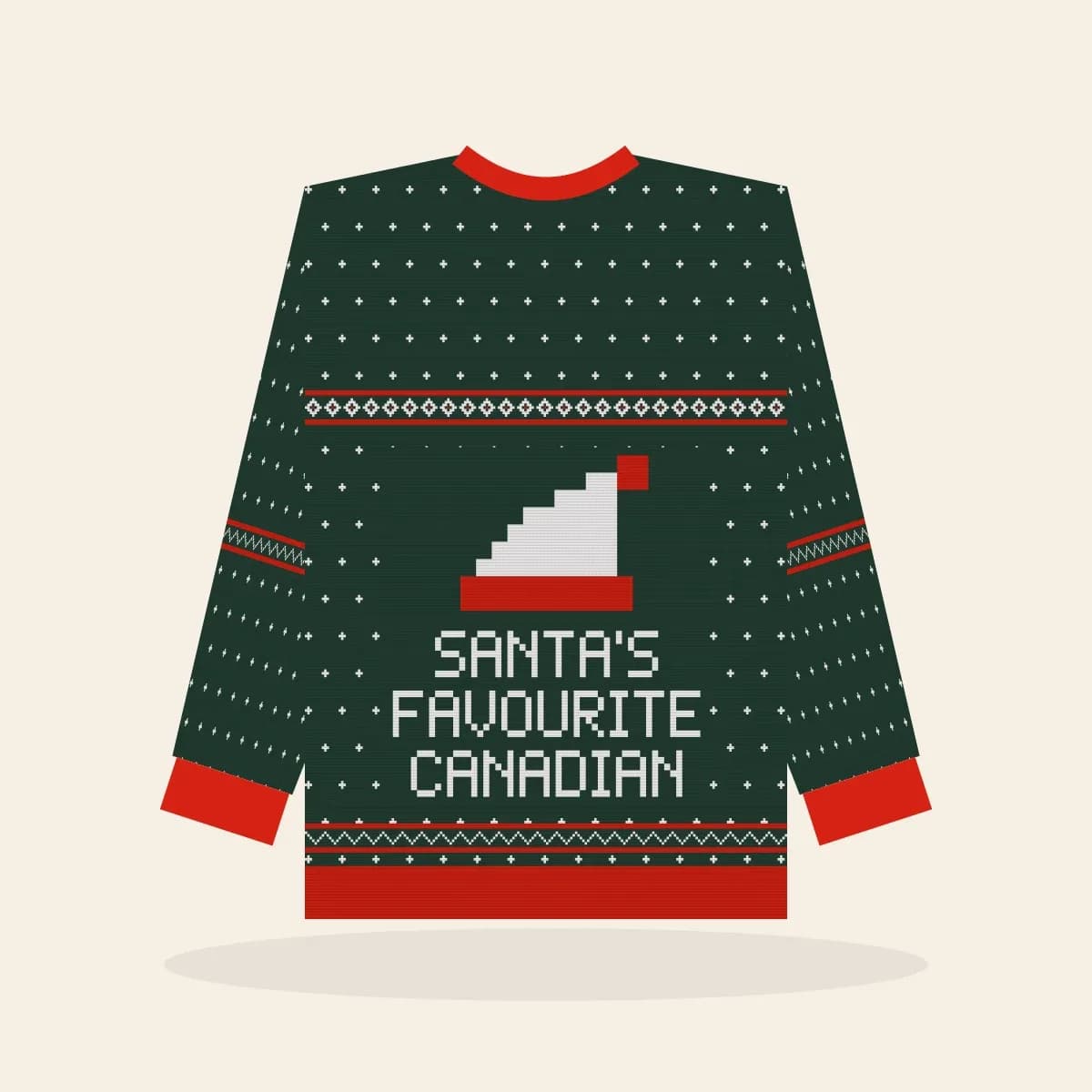 Santa’s Favourite Canadian Knitted Sweater (Evergreen): Santa’s Favourite Canadian ugly Christmas knit in pine green with white and red