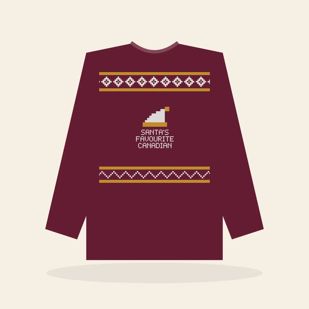 Santa’s Favourite Canadian Printed Sweatshirt (Cranberry & Gold): Santa’s Favourite Canadian ugly Christmas print in cranberry with white and gold