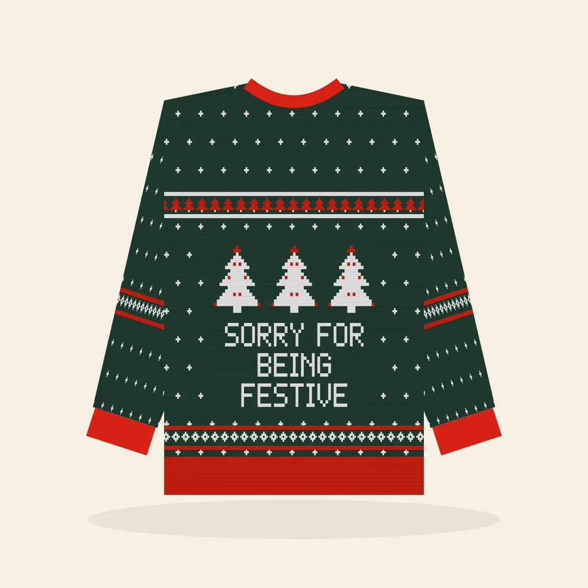 Sorry for Being Festive Relaxed Knitted Sweater (Evergreen): Sorry for Being Festive ugly Christmas knit in pine green with white and red